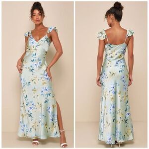 Lulus Captivating Grace Sage Green Floral Satin Ruffled Maxi Dress Large NEW NWT